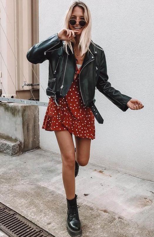 Red dress store with leather jacket