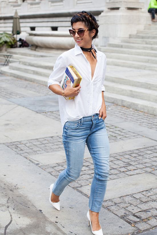 White shirt with blue jeans for ladies sale